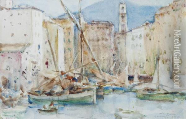 Boats Moored In The Harbour, Camogli, Italy Oil Painting - Henry Scott Tuke