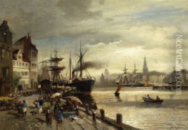 Hafenszene In Kopenhagen Oil Painting - Heinrich Hiller