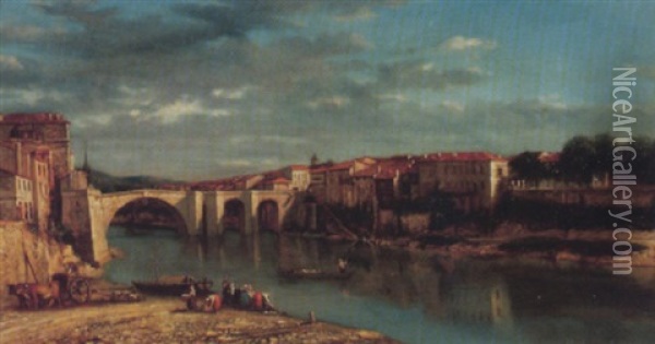 Italienische Stadt An Einem Fluss Mit Brucke Und Wascherinnen Oil Painting - Edmond Marie Petitjean