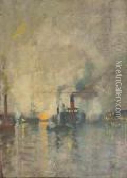 Paddlesteamers At Dusk Oil Painting - James Kay
