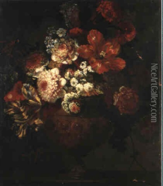 Bouquet De Fleurs Dans Un Vase De Bronze Sur Un Entablement Oil Painting - Pierre Nicolas Huilliot