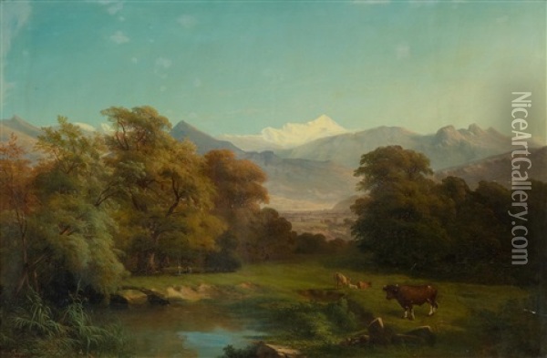 Le Mont Blanc Avec Etang Et Vaches Au Premier Plan Oil Painting - Jean-Baptiste Muntzberger