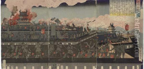 Battle Of Ouchi Oil Painting - Sadahide Hashimoto