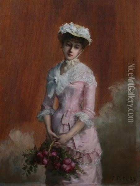 French Beauty In Pink With Basket Of Roses Oil Painting - Fanny Laurent Fleury