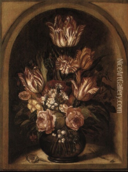 Tulips, Roses And Other Flowers In A Glass Vase With A Lizard In A Niche Oil Painting - Ambrosius Bosschaert the Younger