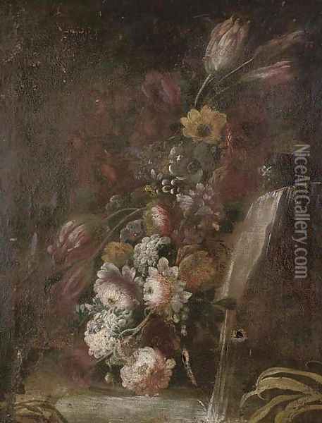 Flowers by a waterfall in a garden Oil Painting - Giuseppe Lavagna