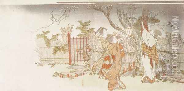 Girls Picking Plum Blossoms Oil Painting - Katsushika Hokusai