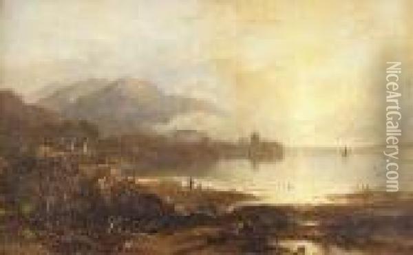 Figure And A Dog On The Shoreline Possibly Of Loch Crinan Oil Painting - Horatio McCulloch