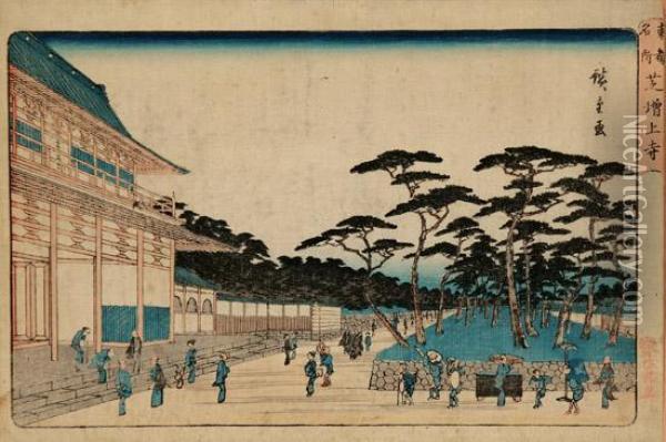 Shiba Zojoji Temple Oil Painting - Utagawa or Ando Hiroshige