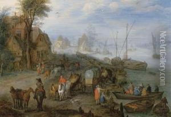 A Port Scene With Rowboats Oil Painting - Joseph van Bredael