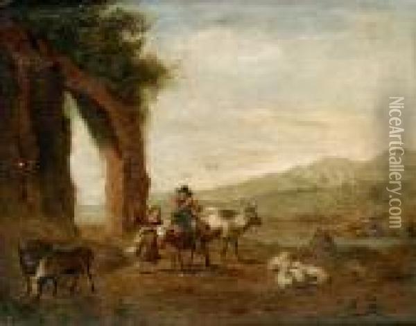 Landskap Med Figurer Och Boskap Oil Painting - Nicolaes Berchem