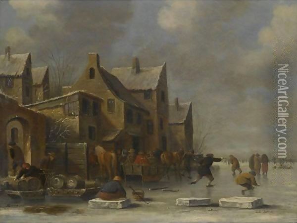 A Winter Landscape With A Resting Kolf Player And Other Figures Skating On A Frozen River Oil Painting - Thomas Heeremans