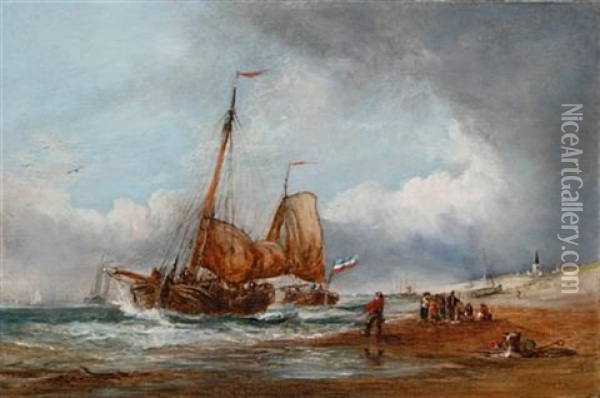 Fishing Boats Off A Beach On A Breezy Day Oil Painting - George William Crawford Chambers