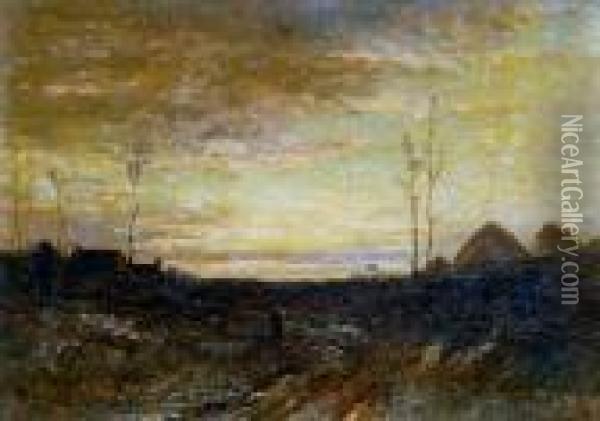 Sunrise, Haystacks And Cottages In The Distance Oil Painting - Joseph Thors