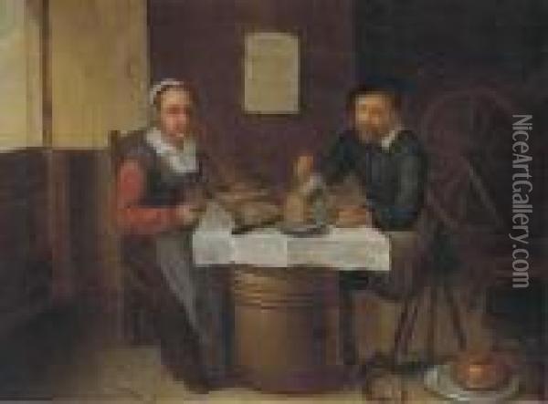 An Elderly Couple Eating And Drinking In A Tavern Oil Painting - David The Younger Ryckaert