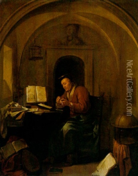A Scholar In His Study, Sharpening His Quill Oil Painting - Hendrik Heerschop