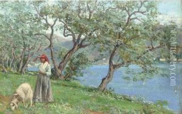 A Shepherdess By The Edge Of An Italian Lake Oil Painting - Ettore Ximenes