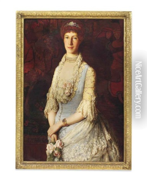 Portrait Of A Lady, Said To Be Lady Singer, Half-length, In A White Lace Dress, Holding Roses Oil Painting - Archibald James Stuart Wortley