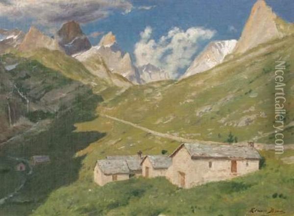 Chalets De La Gliere (a Gauche, Aiguille Et Pointe De La Gliere, Aiguille De Lepeira Et Col De La Grande Casse. Oil Painting - Edouard Brun