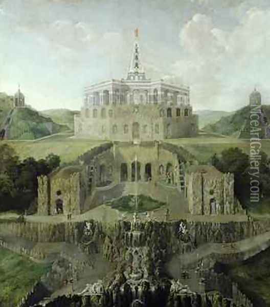 View from the Riesenkopf Waterfalls over the Distorted Water-grotto to the Octagon after 1716 Oil Painting - Jan van Nickelen