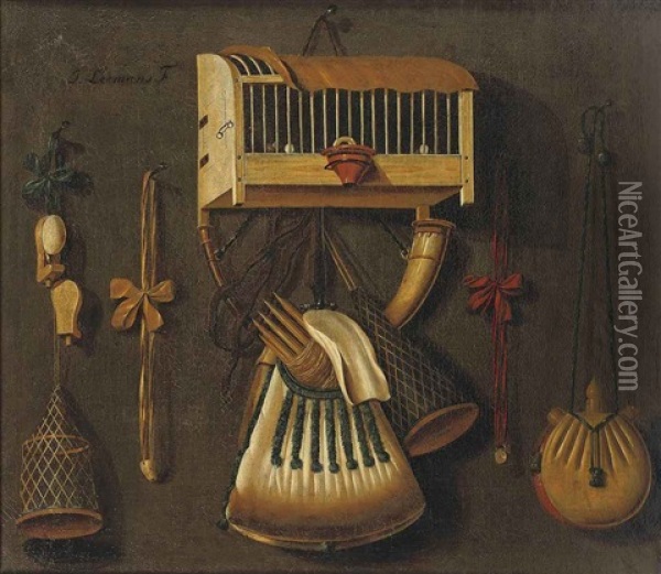 A Trompe L'oeil Still Life With A Bird In A Cage, A Hunting Horn, A Bird Whistle, And Other Hunting Implements Hanging On A Wall Oil Painting - Johannes Leemans
