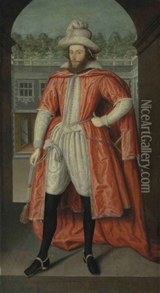 Portrait Of William Pope, 1st Earl Of Downe In His Robes As A Knight Of The Bath, Under An Arch Opening Onto A Courtyard Oil Painting - Robert Peake the Elder