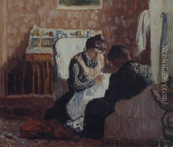 Interieur (femmes Cousant) Oil Painting - Camille Pissarro