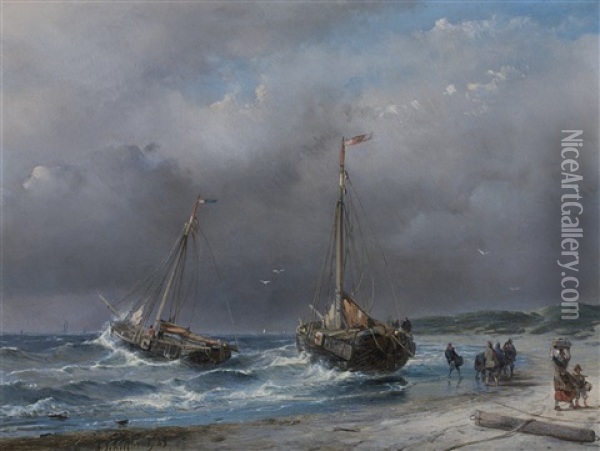 Unloading The Catch Oil Painting - Andreas Schelfhout