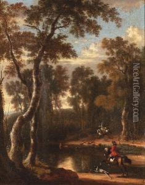 A Wooded Landscape With A 
Sportsman And His Dog On The Bank Of A River With A Horseman Beyond, A 
Traveller On A Path In The Distance; And A Stag Hunt With Three 
Sportsmen On Horseback In A Wooded River Landscape Oil Painting - Jan Hackaert