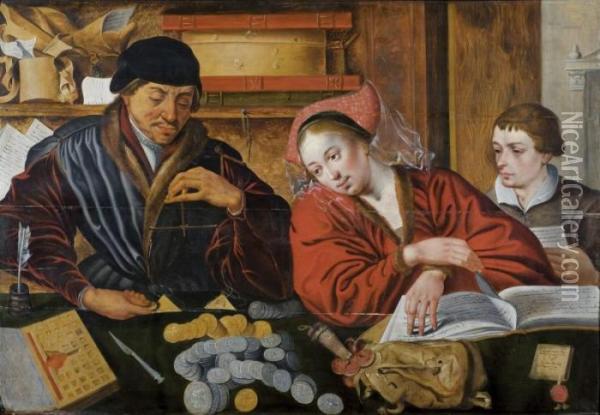 L'esattore Delle Tasse E La Moglie Oil Painting - Marinus van Reymerswaele