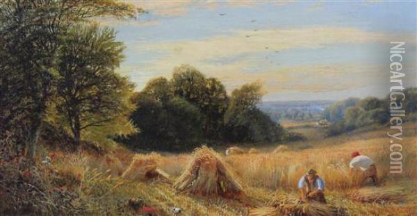 Harvesters At Work And Reed Gatherer In A Punt Oil Painting - Alfred Augustus Glendening
