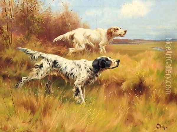 English Setters on Point Oil Painting - Thomas Blinks