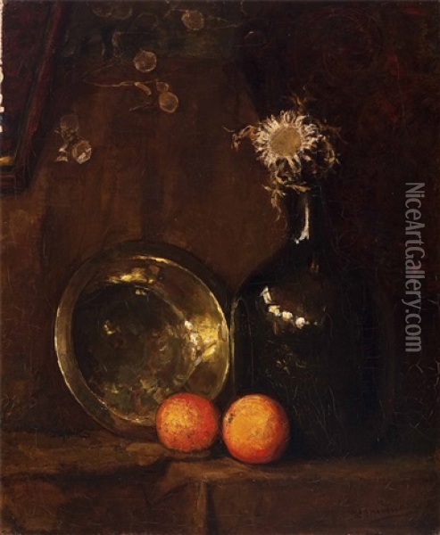 Still Life With Dried Sunflower In A Glass Bottle, Brass Dish And Two Oranges Oil Painting - Piet Mondrian