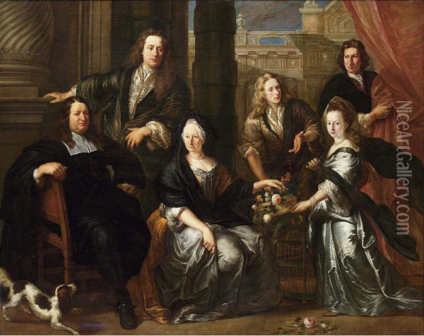 A Family Portrait Of Simon And Anne Van Haecht (1632-?) With Their Sons Rombaut Francois, Adrien (1676-1727), Christophe And Their Daughter, All Standing And Seated Full-length, Before Classical Architecture Oil Painting - Jan Anthonie Coxcie