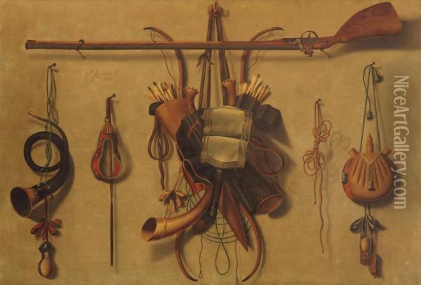 A 'trompe L'oeil' Still Life With Hunting Paraphernalia Hanging On A Wall Oil Painting - Johannes Leemans