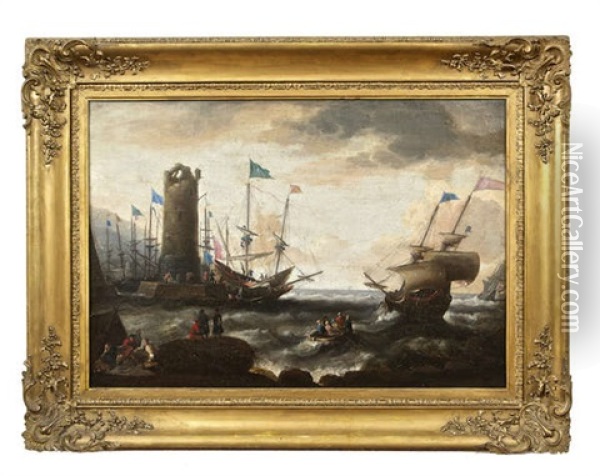 A Barbary Pirate Fleet At A Harbour With A Ruined Tower, In Fresh Weather, Eastern Merchants In The Foreground Oil Painting - Ludolf Backhuysen the Elder