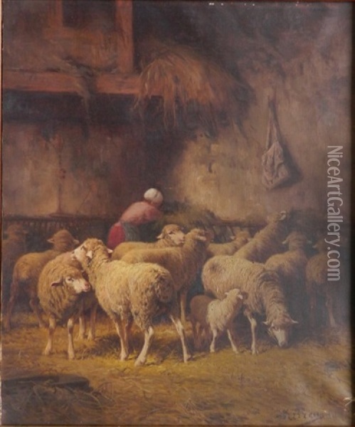 Barn Interior With Sheep And Shepherdess Oil Painting - Max Breu