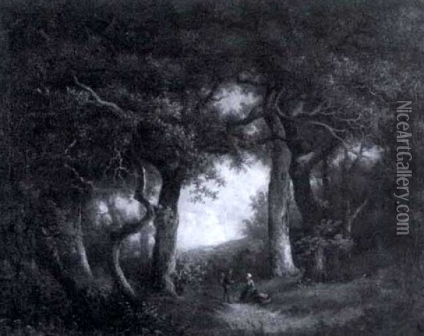 Rastendes Bauernpaar Auf Der Lichtung Eines Gewaltigen Laubwaldes Oil Painting - Hendrik Pieter Koekkoek