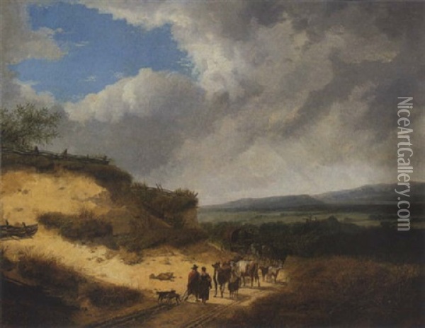 Fuhrwerk, Wanderer Und Vieh Auf Der Landstrase Oil Painting - Georges Michel