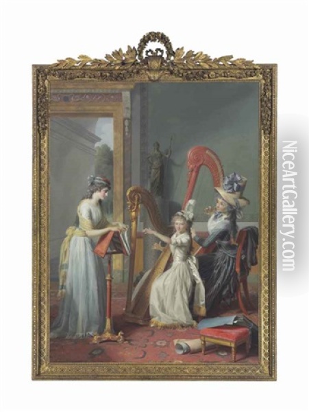 Mademoiselle D'orleans Taking A Harp Lesson Oil Painting - Jean-Antoine-Theodore Giroust