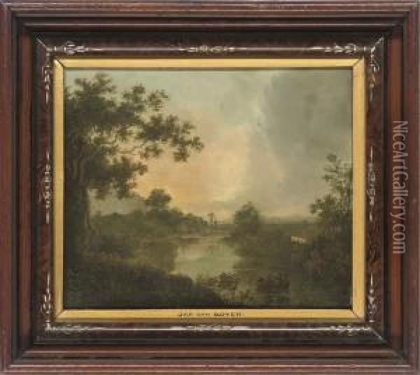 A Wooded River Landscape With Figures In A Boat Oil Painting - George Cuitt