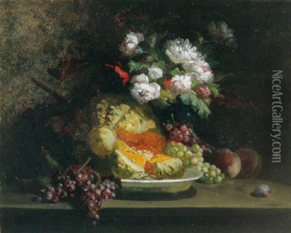 A Still Life With A Squash, Grapes And Peaches On A Tabletop With Flowers In A Vase Behind Oil Painting - Emile-Henri Brunner-Lacoste