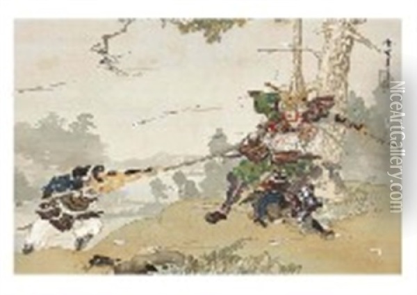 Yoshisada In The Battle Oil Painting - Kokyo Taniguchi