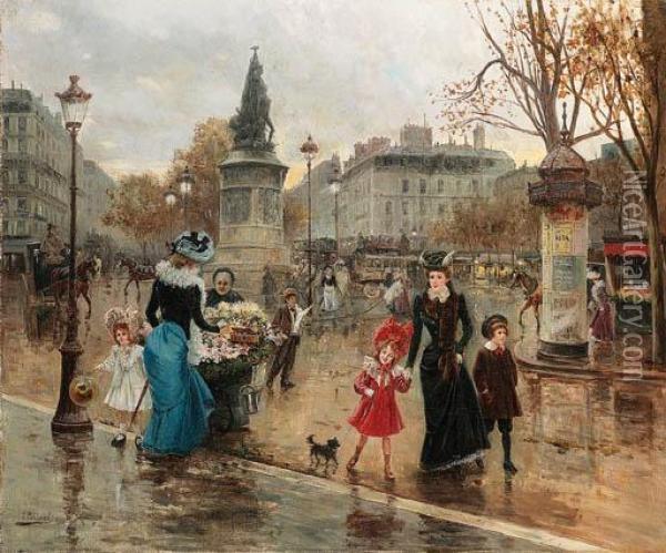 Une Place Animee A Paris Oil Painting - Joaquin Pallares Allustante