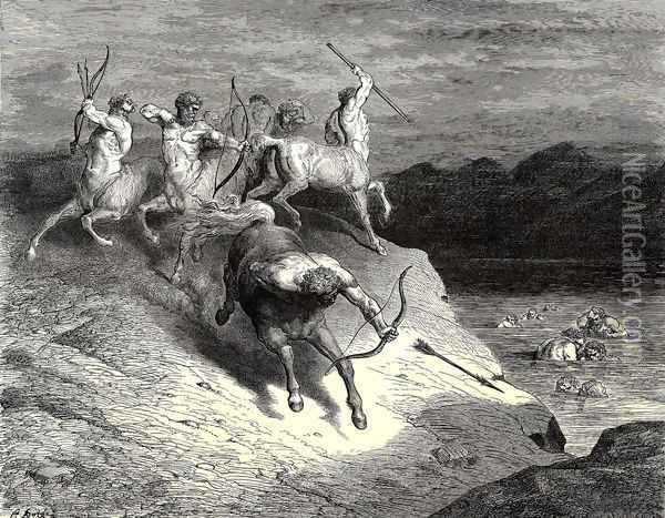 The Inferno, Canto 12, lines 73-74: We to those beasts, that rapid strode along, Drew near Oil Painting - Gustave Dore
