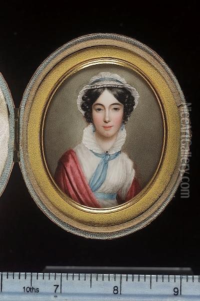Julia M. Herries, Wearing White Dress With Blue Waistband And Neck-tie, A Gold Brooch At Her Collar, Red Shawl Around Her Shoulders, Drop Blue Earrings, A White Cap Over Her Dark Curled Hair Oil Painting - Isabella Herries