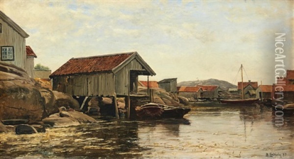 Fishing Village Oil Painting - Berndt Adolf Lindholm