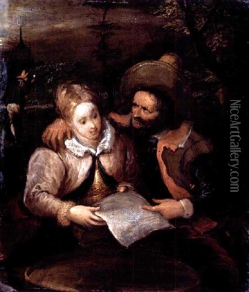 A Young Lady And A Cavalier Holding A Letter Oil Painting - Frans Francken III