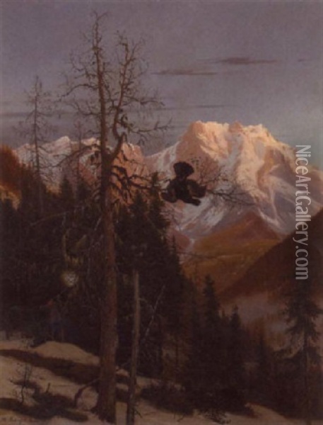 A Sportsman Shooting A Black Cock In A Snowy Alpine Landscape Oil Painting - Otto Recknagel