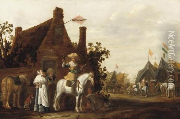 Soldier On Horseback Reposing Outside A Tavern, An Encampment Beyond Oil Painting - Abraham van der Hoef